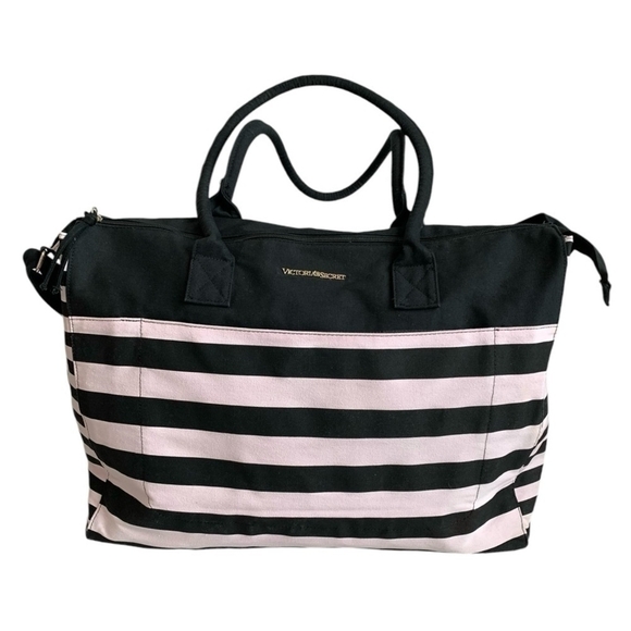 Victoria’s Secret Duffel Bag Black White Pink Stripe Canvas with Makeup Case - Picture 3 of 11